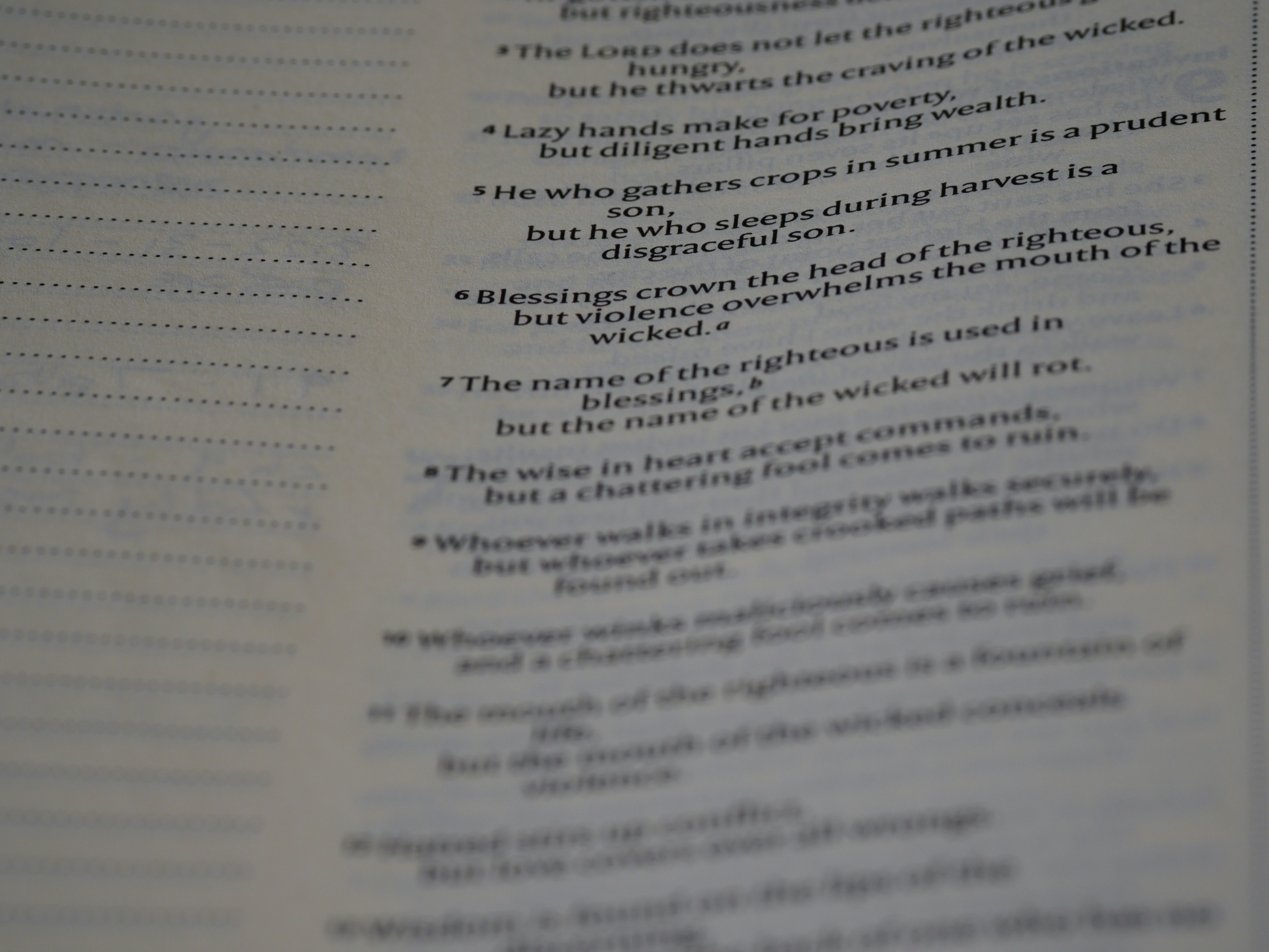 close up, bokeh, macro, blur, blurred background, close focus, bible, old testament, hebrew bible, christian, judaism, history, text, reading, bible study, devotions, text, NIV, New International Version, type, typography, canon, christianity, holy scripture, holy bible, scripture, old testament, hebrew bible, מִשְלֵי, book of proverbs, proverbs of solomon, wisdom literature, ketuvim, anthology, solomon, wisdom, sayings, mashai, folly, values, morality, proverbs, proverb, life skills, ancient wisdom, hebrew wisdom,